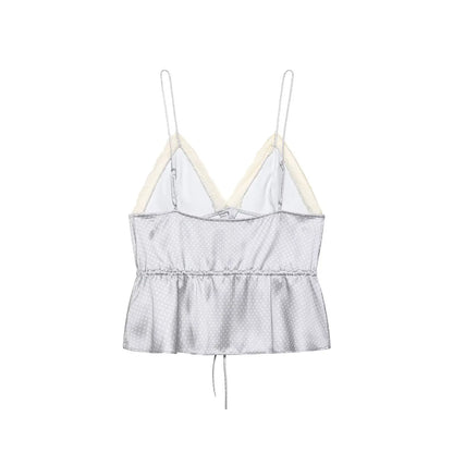 Women's Polka Dot Satin Peplum Cami Top – Lace Trim Spaghetti Strap Elegant Loungewear & Vacation Top