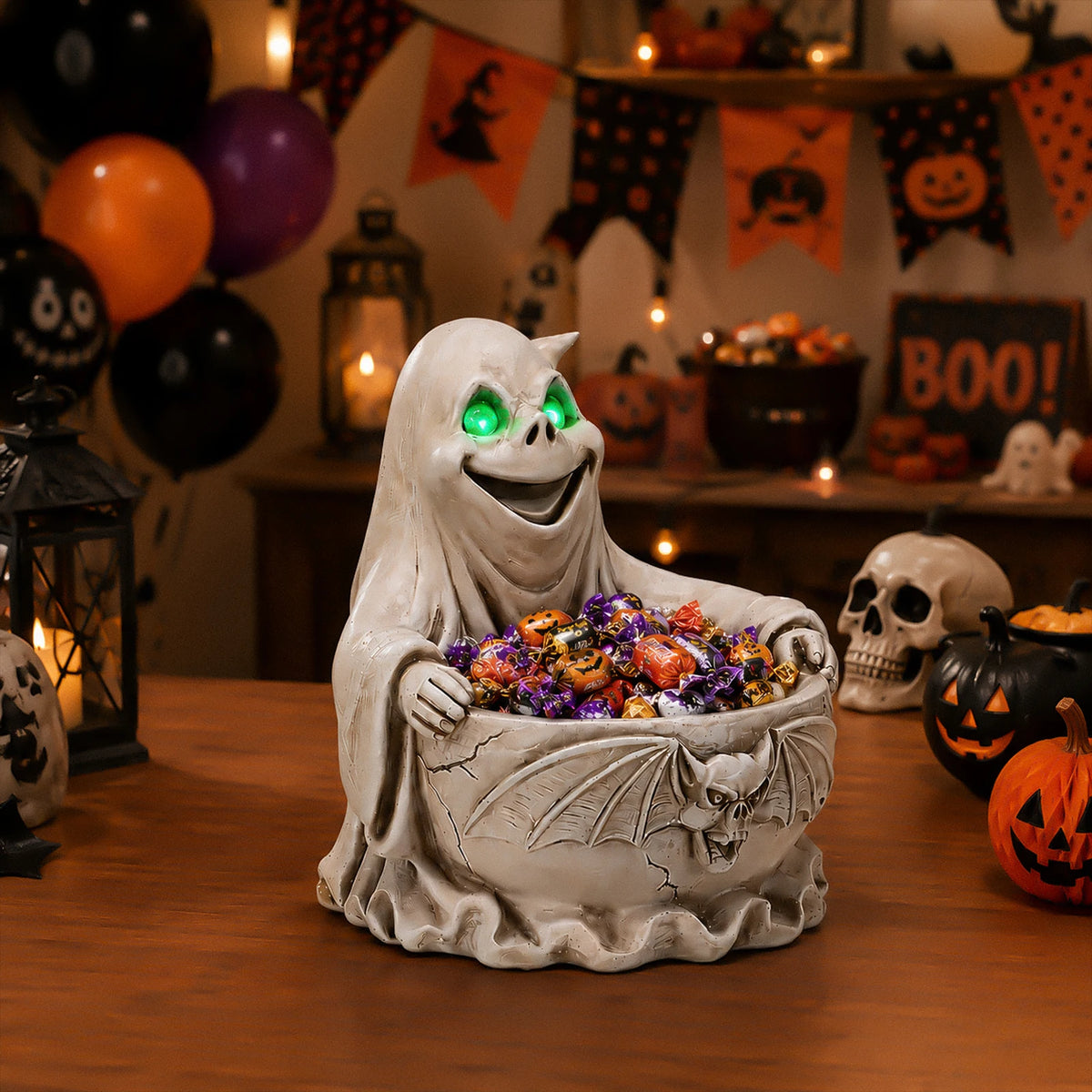 Halloween Ghost Candy Bowl with LED Glowing Green Eyes, Gothic Bat Resin Storage Dish, Spooky Tabletop Decor for Party Treats & Keys