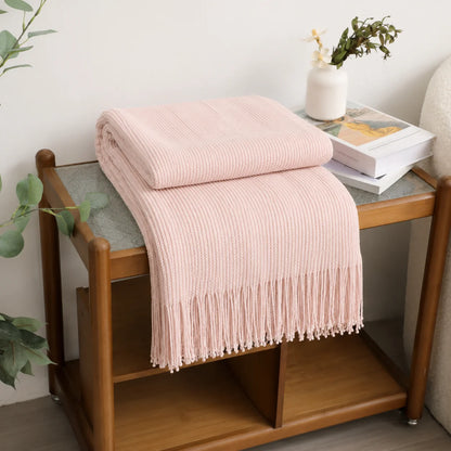 Cream Popcorn Bobble Textured Knit Throw Blanket with Tassel Fringe, Soft Knitted Decorative Blanket, Lightweight Cozy Cover for Couch Sofa Bed, Boho Farmhouse Home Decor for Living Room Bedroom
