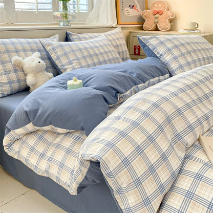 3/4 Pcs Blue Checkered Bedding Set Simple Style Soft Skin Friendly Duvet Cover Flat Sheet and Pillowcases Single Double Bed Sets