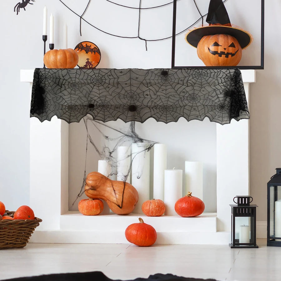 1 Piece of vintage Halloween Table Flag Fireplace Cover, Spider and Bat Lace Table Decoration for Indoor Use