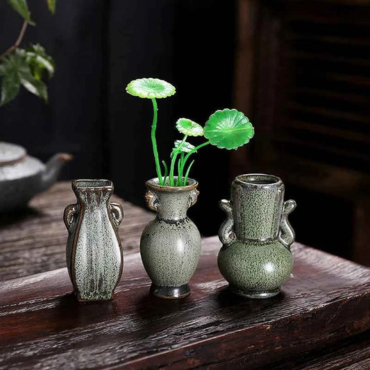 1Pcs Ceramic Miniature Vase Green Retro Flower Vase Crafts Tabletop Ornament Hydroponics Chinese-style Living Room Decoration