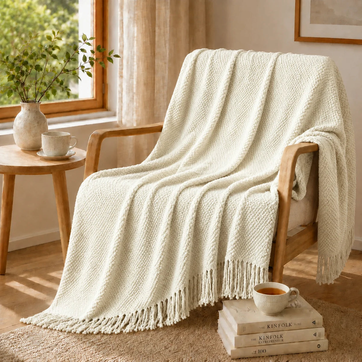 Sage Green Mixed Bobble Diamond Textured Knit Throw Blanket with Tassel Fringe, Soft Knitted Decorative Blanket, Lightweight Cozy Cover for Couch Sofa Bed, Boho Farmhouse Home Decor for Living Room Bedroom