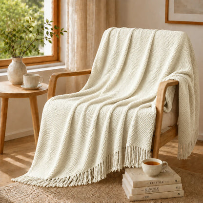 Sage Green Mixed Bobble Diamond Textured Knit Throw Blanket with Tassel Fringe, Soft Knitted Decorative Blanket, Lightweight Cozy Cover for Couch Sofa Bed, Boho Farmhouse Home Decor for Living Room Bedroom