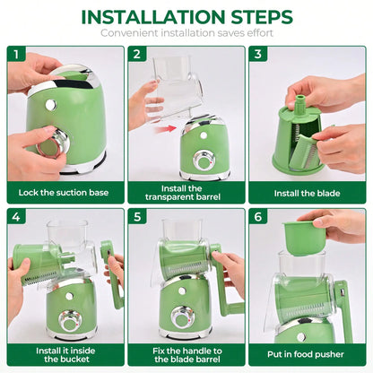 Rotary Cheese Grater with 6 Interchangeable Blades and Suction Base