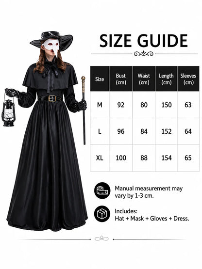 Women Plague Doctor Costume Set Medieval Gothic Long Dress with Cape Belt Hat Gloves Bird Beak Mask Steampunk Halloween Cosplay Outfit for Carnival Party