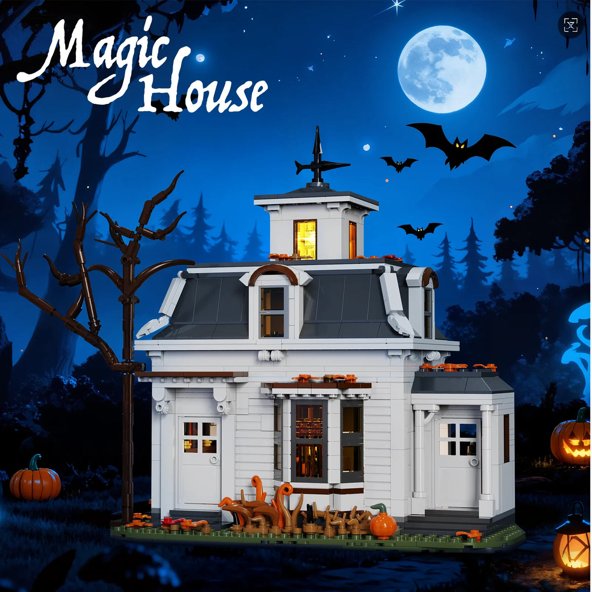 Halloween White Cottage Magic House Building Set Creative Architecture Model Home Decoration Room Desktop Display Collectible Gift for Adult