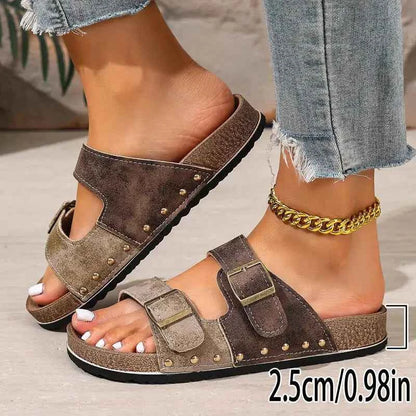 Casual Thick Bottom Met Buckle Outdoor Slippers Women 2026 Summer Vintage Rivetpatchwork Suede Beach Sandals Women Driving Shoes