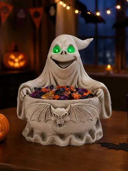 Halloween Ghost Candy Bowl with LED Glowing Green Eyes, Gothic Bat Resin Storage Dish, Spooky Tabletop Decor for Party Treats & Keys