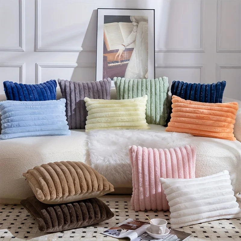 Fuzzy Striped Plush Throw Pillow Cover, Green