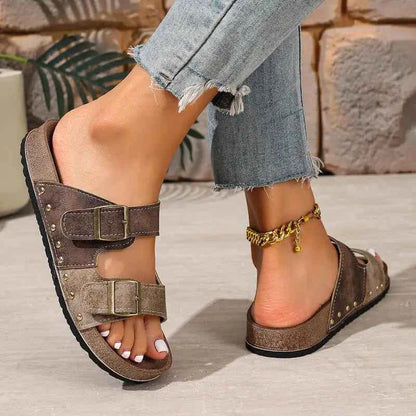 Casual Thick Bottom Met Buckle Outdoor Slippers Women 2026 Summer Vintage Rivetpatchwork Suede Beach Sandals Women Driving Shoes