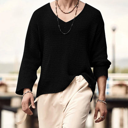 Men's Luxury Knit V-Neck Long Sleeve T-Shirt — Solid Color Hollow Out Loose Streetwear Tee