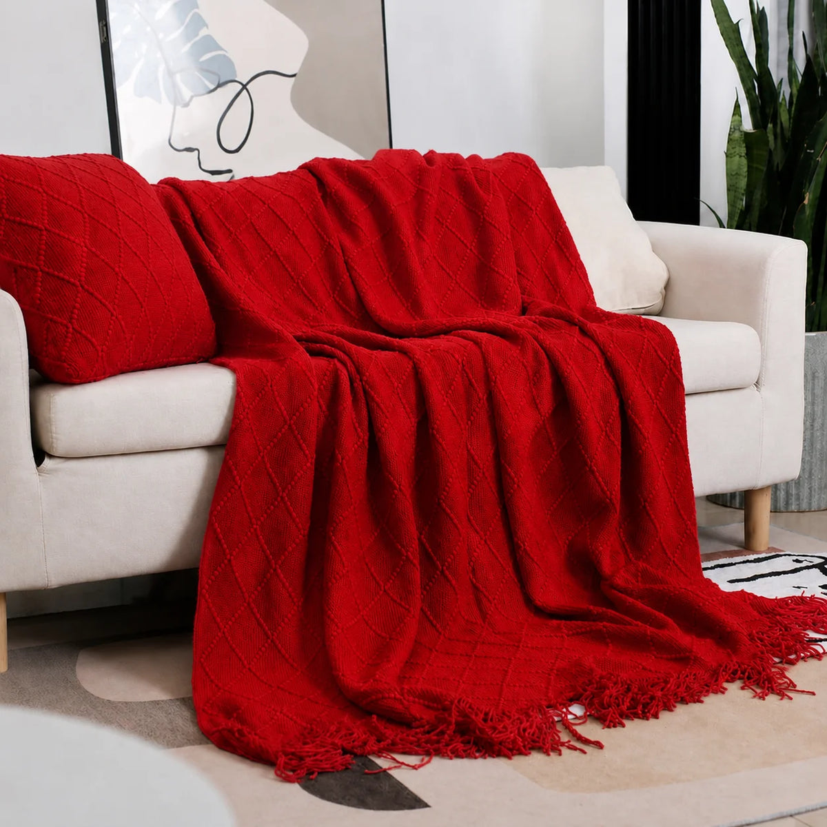 Beige Openwork Textured Knit Throw Blanket with Tassel Fringe, Soft Knitted Decorative Blanket, Lightweight Cozy Cover for Couch Sofa Bed, Boho Farmhouse Home Decor for Living Room Bedroom