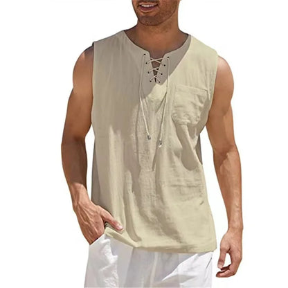 Men's Cotton Linen Sleeveless Vest — Retro V-Neck Lace Up Tank Top