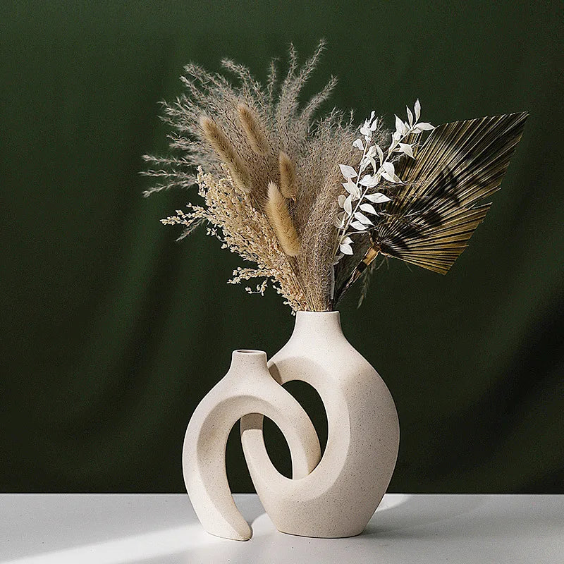 Ensemble de 2 vases en céramique d'imitation moderne, vases à fleurs décoratifs creux au design scandinave médiéval pour la décoration intérieure