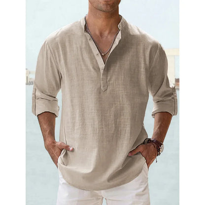 Men's Cotton Linen Long Sleeve Henley Beach Shirt — Solid Color Hawaiian Vacation Top