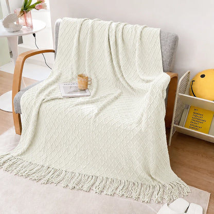 Sage Green Diamond Knit Throw Blanket with Tassels