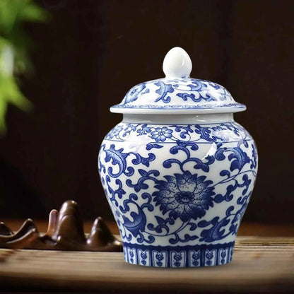 Chinese Blue White Porcelain Decorative Temple Jar Vase with Lid,Tea Canister Ceramic Tea Organizer Box Storage Coffee Container