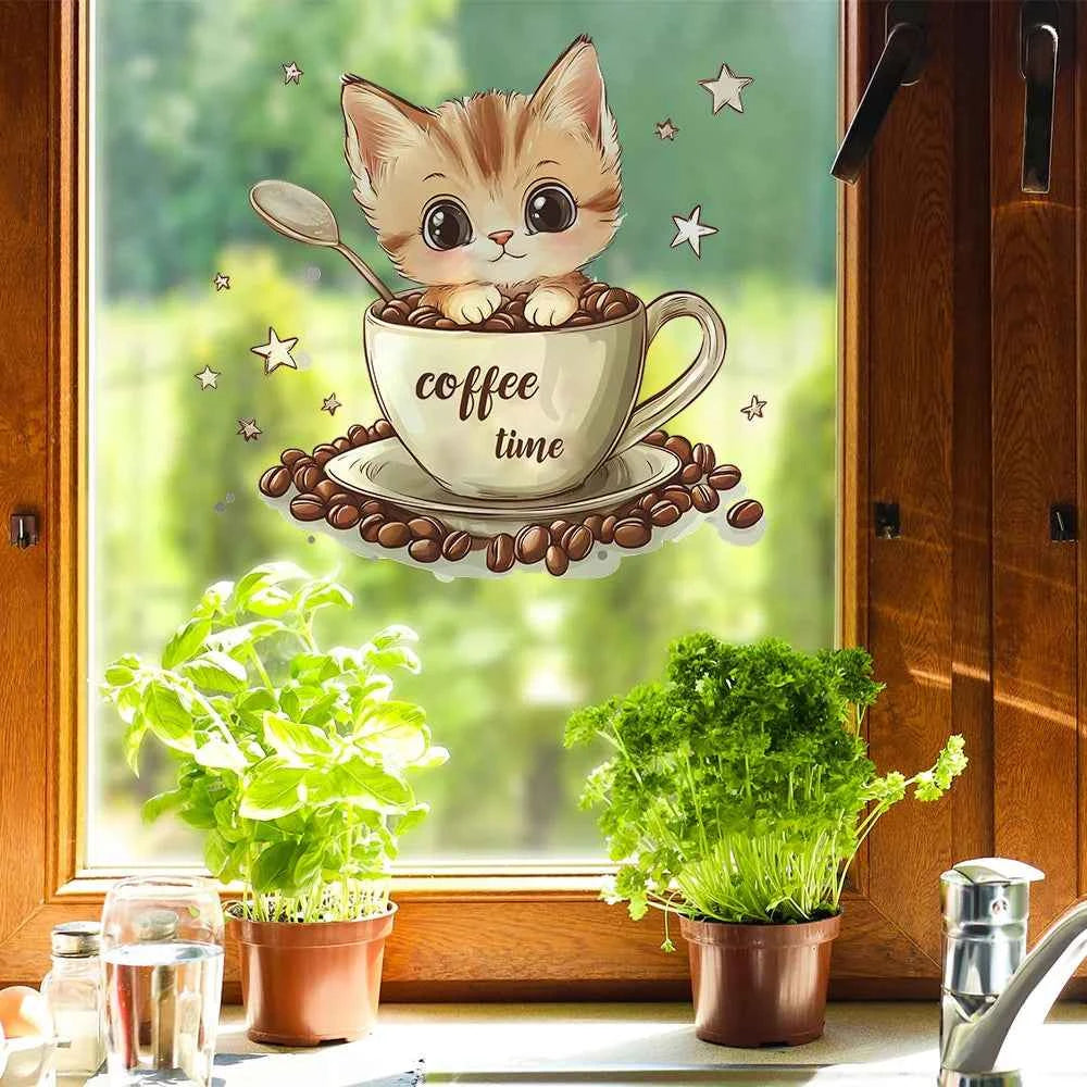 Cartoon Coffee Cup Cat Wall Sticker Cafe Background Decoration Mural Kitchen Restaurant Beautify Home Decor Self-adhesive Decals