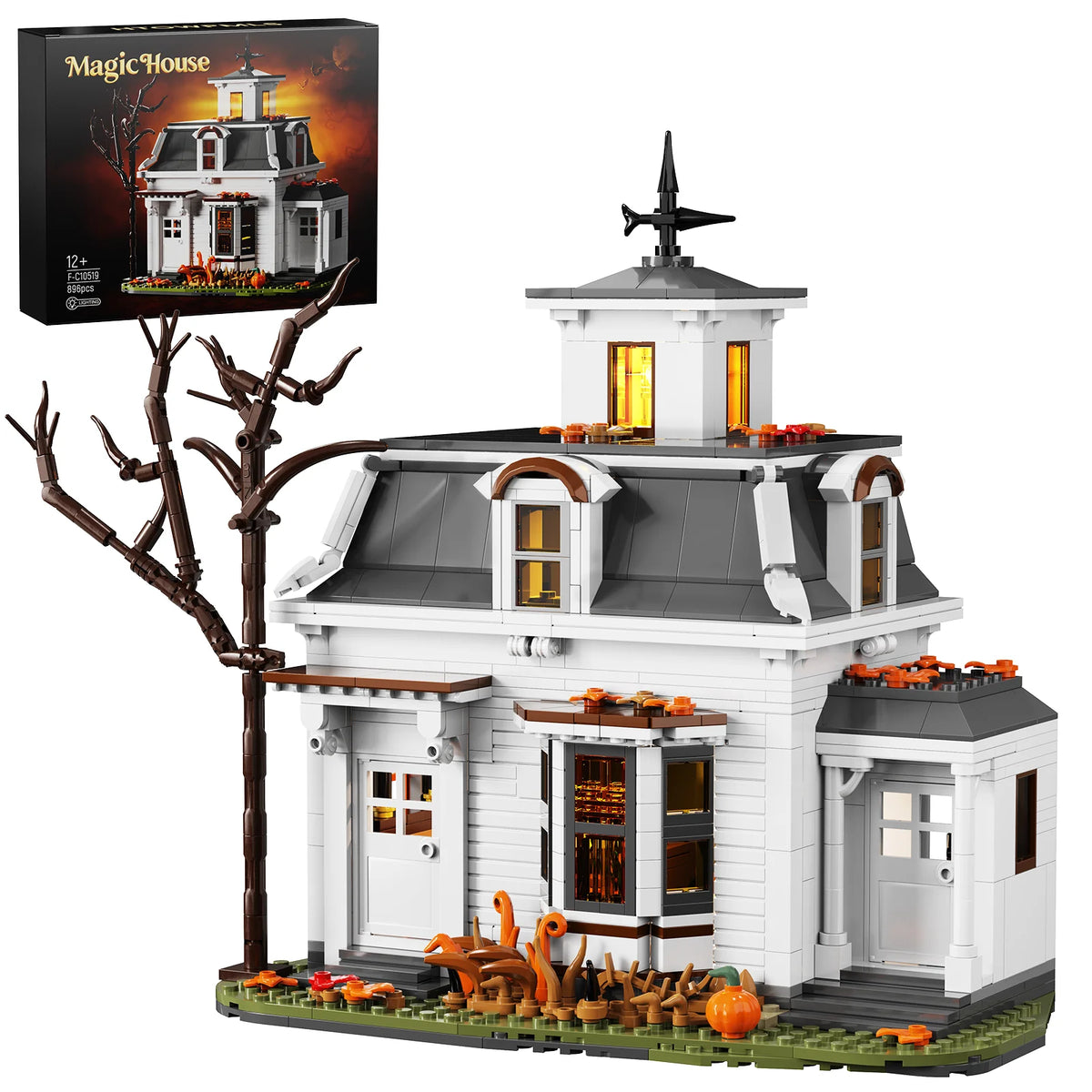 Halloween White Cottage Magic House Building Set Creative Architecture Model Home Decoration Room Desktop Display Collectible Gift for Adult