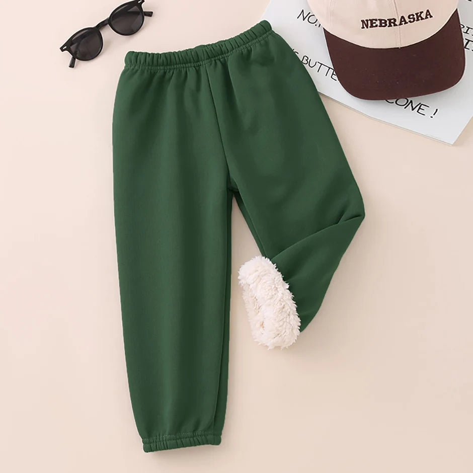 Autumn And Winter Children's Plush Warm Sports Casual Pants For Boys And Girls Solid Color Fashion Thick Windproof Harun Pants