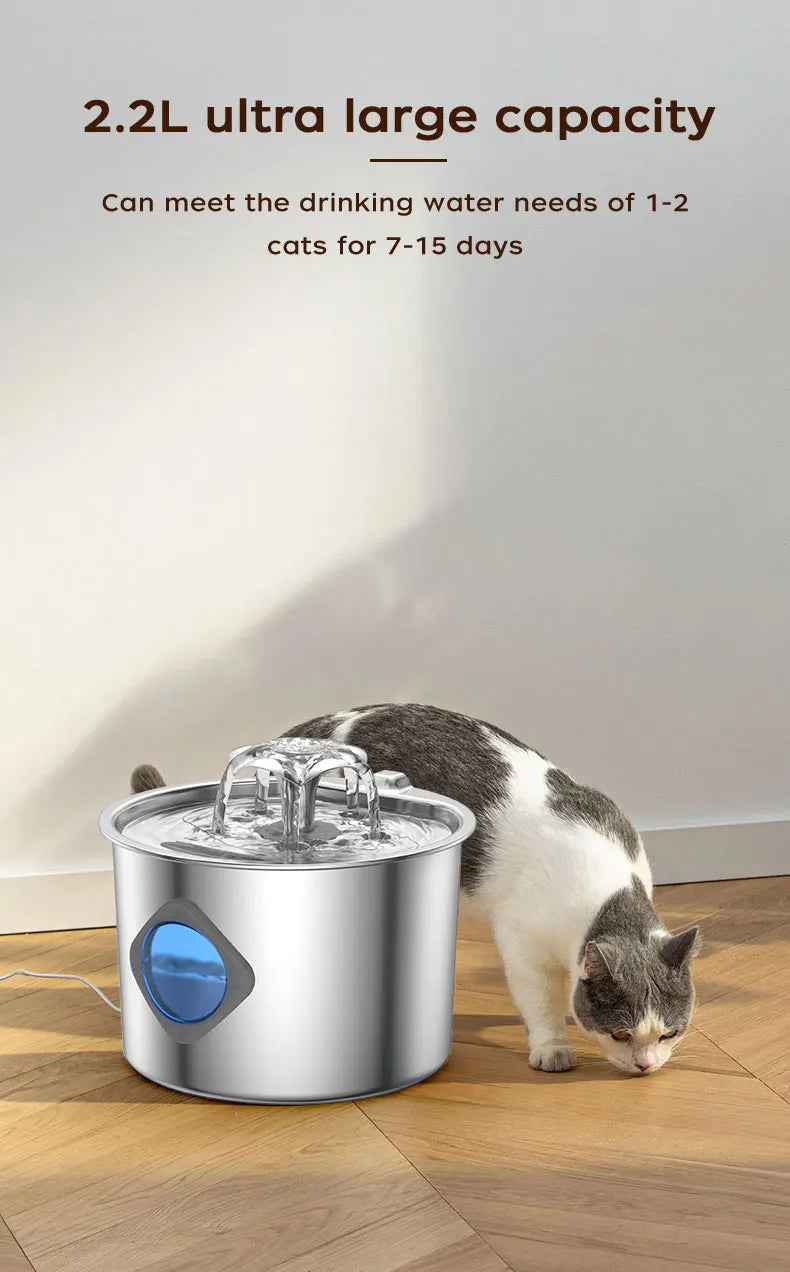 Stainless Steel Cat Water Fountain, 74oz, Quiet Pump