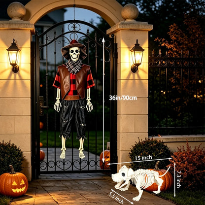 36" Halloween Skeleton Decorations, Posable Skeleton & Dog Outdoor Decor Creepy Halloween Western Cowboy Themed Set, Plastic Skeleton Featuring Movable Joints, Indoor Outdoor Yard & Party Decor