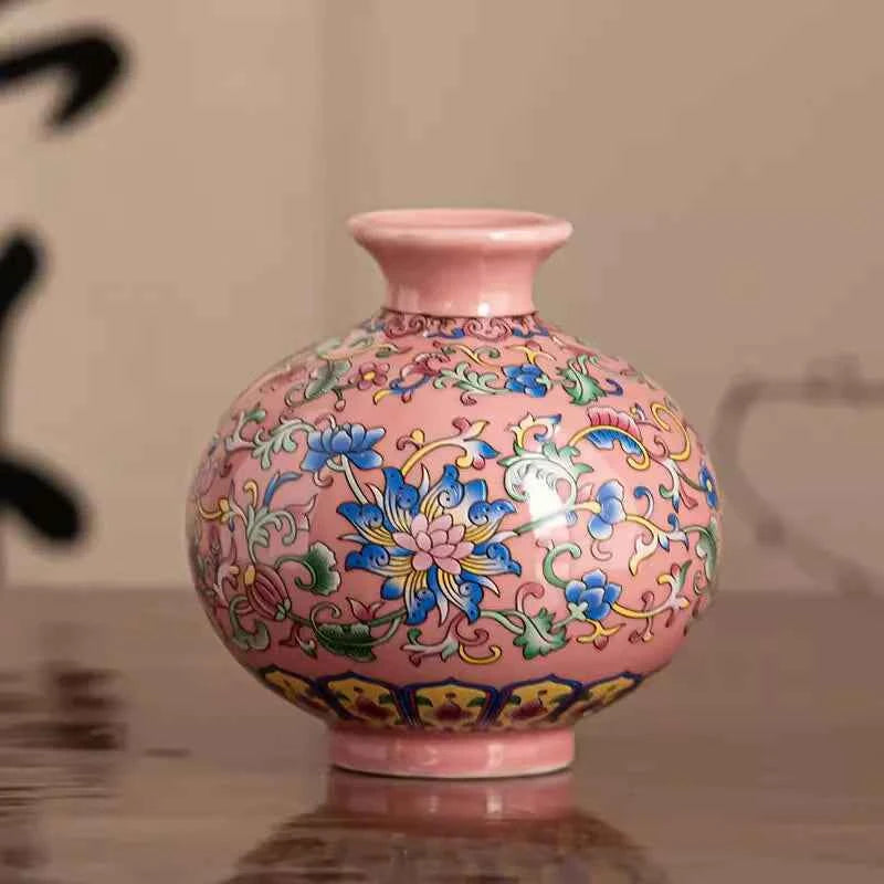 Jingdezhen enamel ceramic flower arrangement Chinese ethnic style living room flower arrangement decoration technology