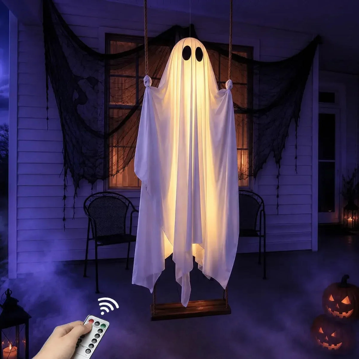 Large Hanging Swinging Ghost Halloween Decoration with LED String Lights Spooky Glowing Outdoor Decor for Front Porch Yard Party