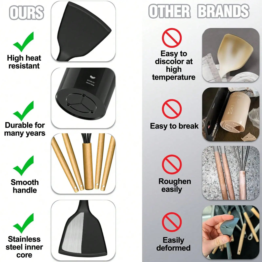 34-Piece Silicone Kitchen Utensils Set with Wooden Handles and Holder, Heat Resistant and Non-Stick Safe