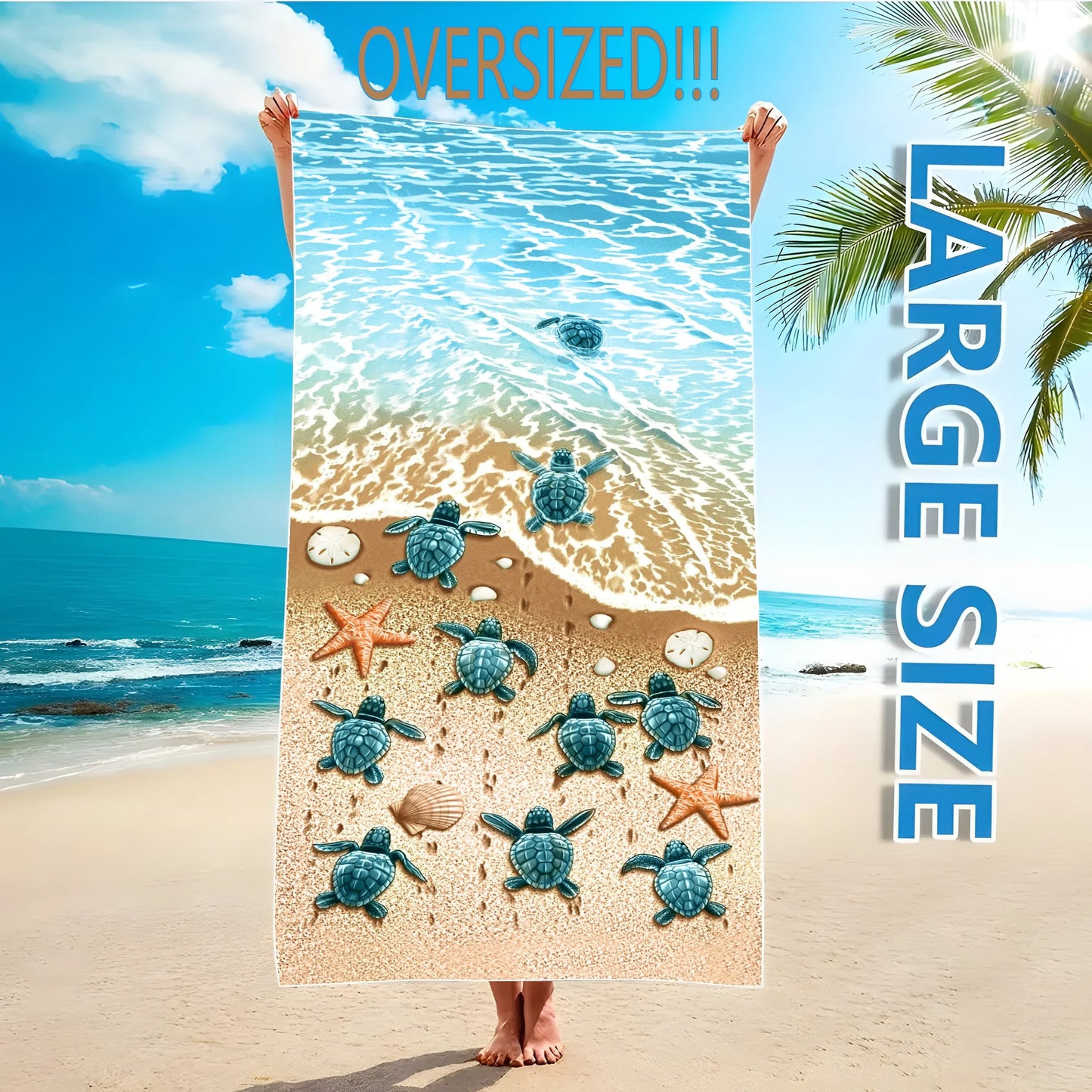 Oversized Microfiber Beach Towel — Sea Stars & Turtles Graphic