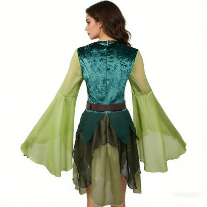 Women's Elf Medieval Green Fairy Dress Magical Elf Dress and Belt with Wings Halloween Carnival Party Cosplay Costumes
