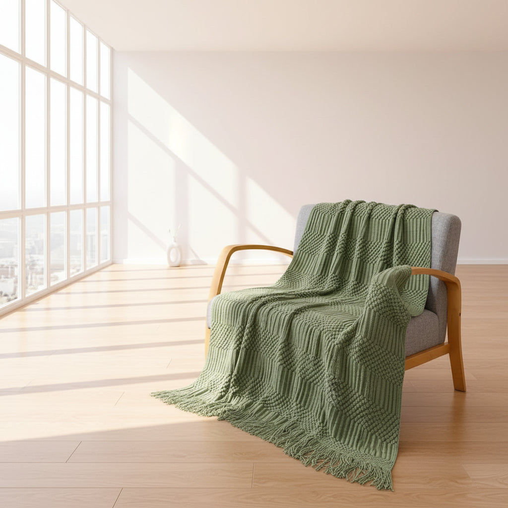 Sage Green Diamond Knit Throw Blanket with Tassels