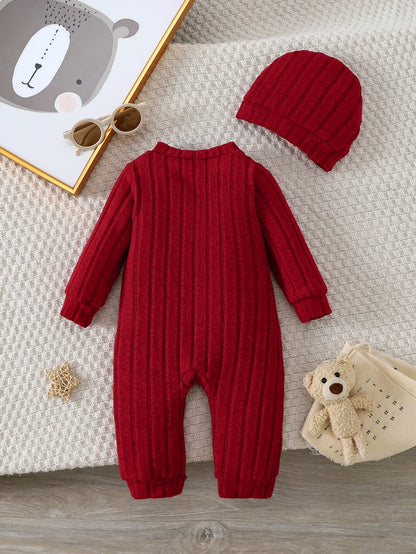 【Baby Boy】Autumn & Winter Red Onesie with Front Single-Breasted Buttons and Cute Bear Badge on Chest + Red Hat Set Featuring a W