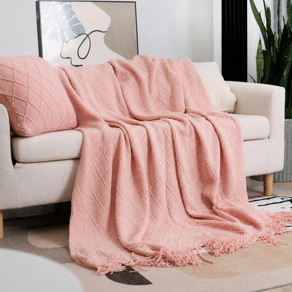 Beige Openwork Textured Knit Throw Blanket with Tassel Fringe, Soft Knitted Decorative Blanket, Lightweight Cozy Cover for Couch Sofa Bed, Boho Farmhouse Home Decor for Living Room Bedroom