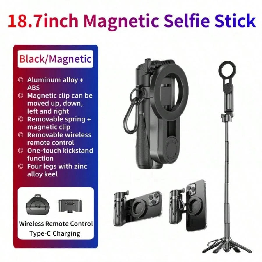 P15MiNi-C Magnetic Selfie Stick Tripod – 18.7", Aluminum, Type-C Remote, iPhone & Android