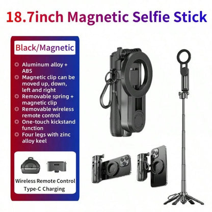 P15MiNi-C Magnetic Selfie Stick Tripod – 18.7", Aluminum, Type-C Remote, iPhone & Android