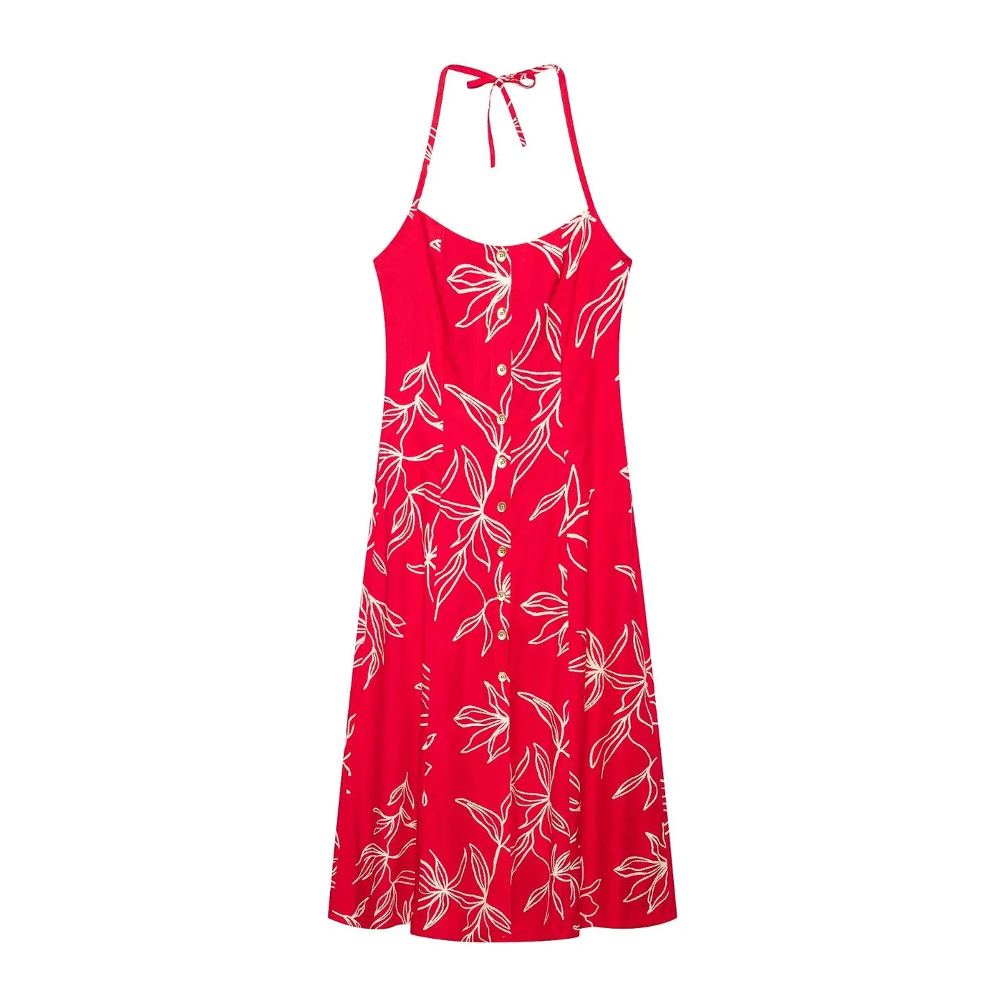 Women's Red Floral Print Halter Neck Maxi Dress – Sleeveless A-Line Cotton Casual Summer Dress
