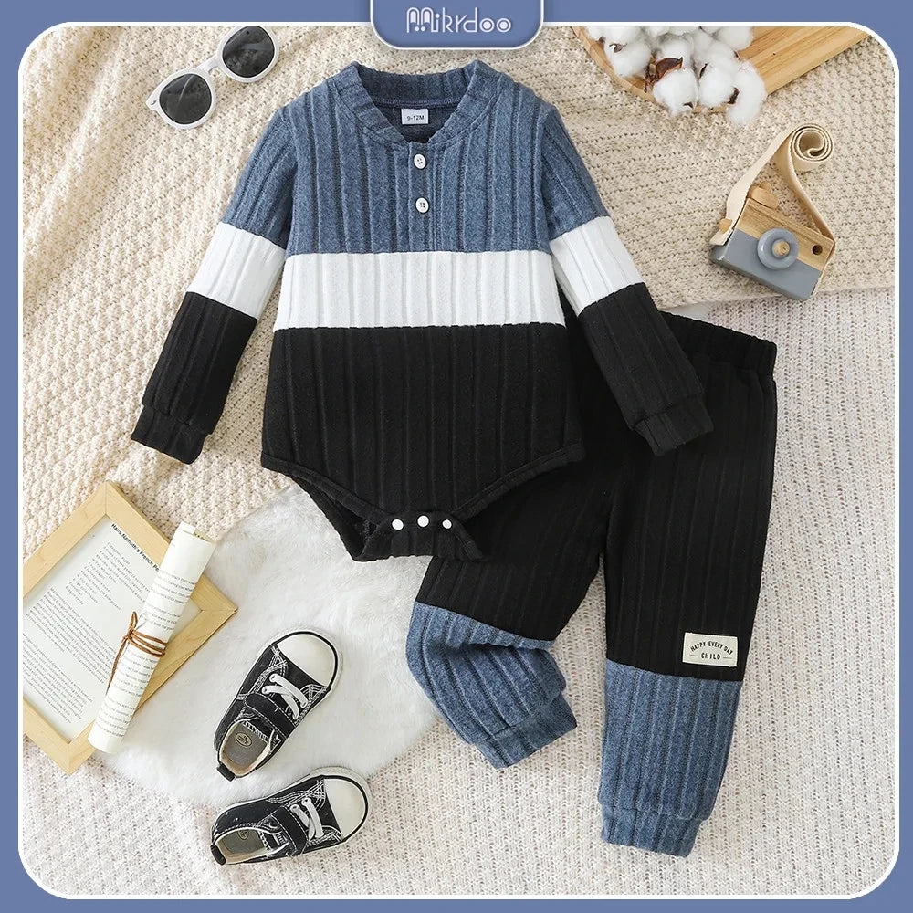 0-2Y Fashion Men's Baby Autumn Set Color blocked Striped Knitted Long sleeved Ha Yi+Spliced Pants2PCS Set Baby Casual Clothing