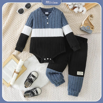 0-2Y Fashion Men's Baby Autumn Set Color blocked Striped Knitted Long sleeved Ha Yi+Spliced Pants2PCS Set Baby Casual Clothing