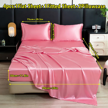 4-Piece Solid Color Satin Bed Sheet Set – Luxurious Soft Skin-Friendly Bedding (Flat Sheet, Fitted Sheet & 2 Pillowcases)