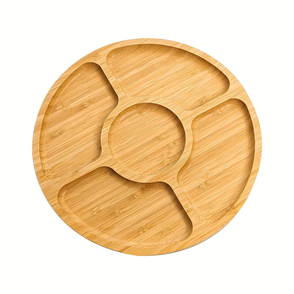 Wooden Divided Serving Trays Appetizer Tray 5 Dining Grids Snacks Bowls Round Serving Tray Serving Dishes Perfect for Parties
