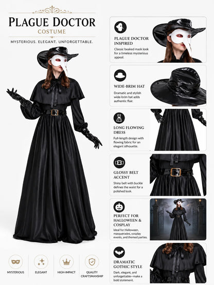 Women Plague Doctor Costume Set Medieval Gothic Long Dress with Cape Belt Hat Gloves Bird Beak Mask Steampunk Halloween Cosplay Outfit for Carnival Party