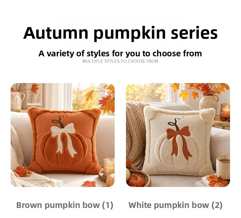 3D Plush Pumpkin Throw Pillow with Bow, Fall Decor
