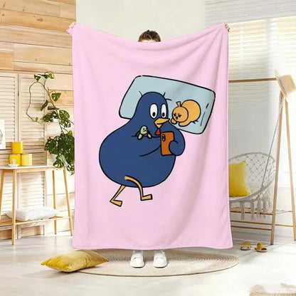 Funny Cartoon Blue Bird Series Flannel Throw Blanket Cute Bird Doing Daily Activities Cozy Soft Lightweight Blanket for Bedroom Sofa Kids Room Home Decoration