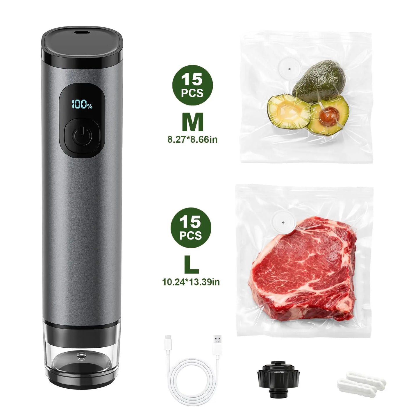 Portable Aluminum Electric Vacuum Food Sealer with 30 Reusable Bags, Wine Stopper and Sealing Clips