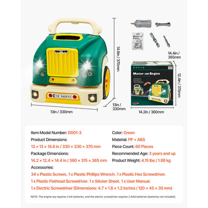 60 Pcs Kids Mechanic Car Repair Set with Removable Parts & Horn Workshop Set Engine Toy for Toddler Children Gift