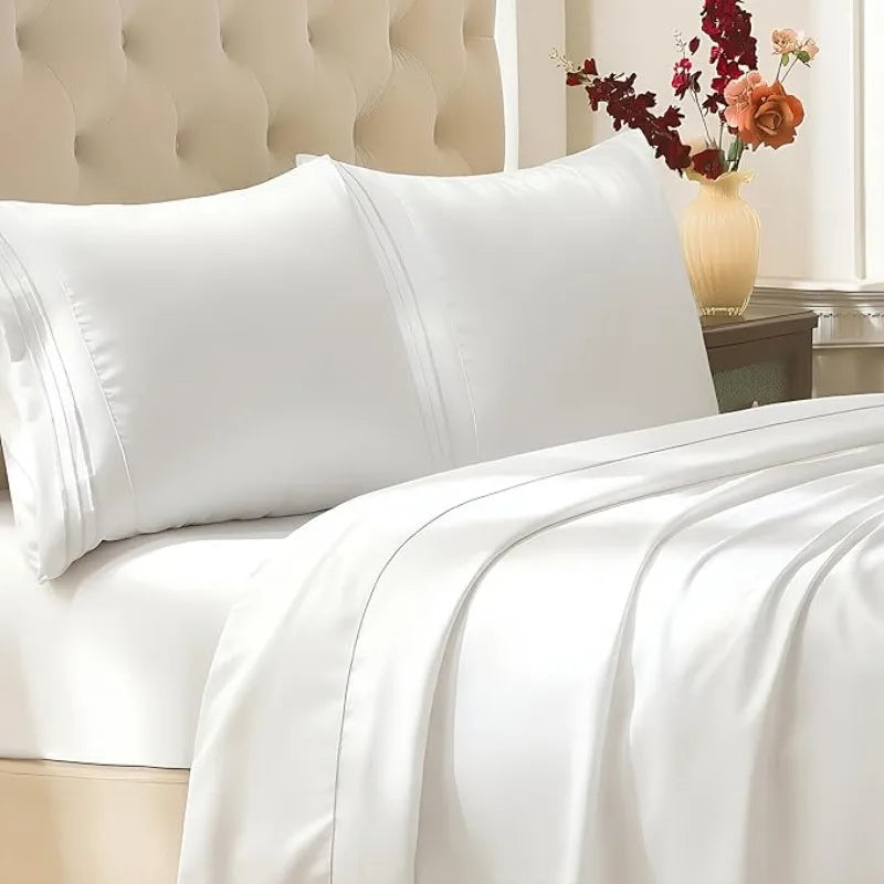 Bed Sheet Set - Extra Deep Pocket, Double Brushed Microfiber, Soft & Dry Touch, Stay in Place, Wrinkle Free, Stain & Fade Resistant Bedding(1 Pc Sheet + 1 Pcs Fitted Sheet + 1/2 Pcs Pillowcase)