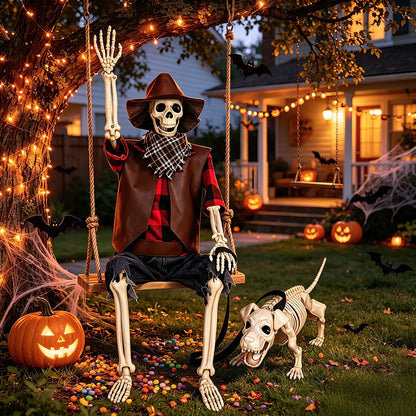 36" Halloween Skeleton Decorations, Posable Skeleton & Dog Outdoor Decor Creepy Halloween Western Cowboy Themed Set, Plastic Skeleton Featuring Movable Joints, Indoor Outdoor Yard & Party Decor