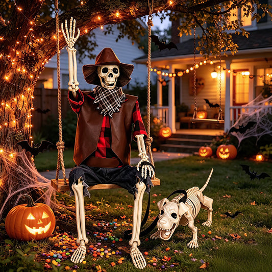 36" Halloween Skeleton Decorations, Posable Skeleton & Dog Outdoor Decor Creepy Halloween Western Cowboy Themed Set, Plastic Skeleton Featuring Movable Joints, Indoor Outdoor Yard & Party Decor